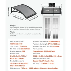 VEVOR Awnings for Door Entrance, 24 x 24 in, Exterior Front Door Window Awnings with Drainage & ABS Bracket, Rain Snow Sun Protection, Overhang Polycarbonate Door Canopy for Porch Patio, Smoky Gray
