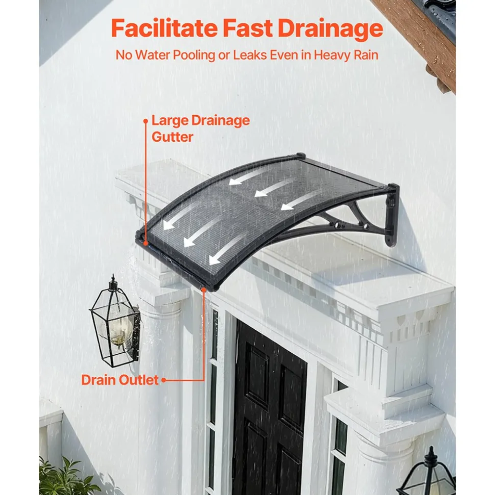 VEVOR Awnings for Door Entrance, 24 x 24 in, Exterior Front Door Window Awnings with Drainage & ABS Bracket, Rain Snow Sun Protection, Overhang Polycarbonate Door Canopy for Porch Patio, Smoky Gray