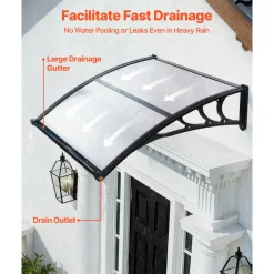 VEVOR Awnings for Door Entrance, 38 x 40 in, Exterior Front Door Window Awnings with Drainage & ABS Bracket, Rain Snow Sun Protection, Overhang Polycarbonate Door Canopy for Porch Patio, Clear