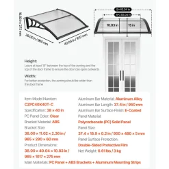 VEVOR Awnings for Door Entrance, 38 x 40 in, Exterior Front Door Window Awnings with Drainage & ABS Bracket, Rain Snow Sun Protection, Overhang Polycarbonate Door Canopy for Porch Patio, Clear