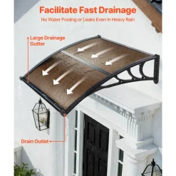 VEVOR Awnings for Door Entrance, 38 x 40 in, Exterior Front Door Window Awnings with Drainage & ABS Bracket, Rain Snow Sun Protection, Overhang Polycarbonate Door Canopy for Porch Patio, Brown