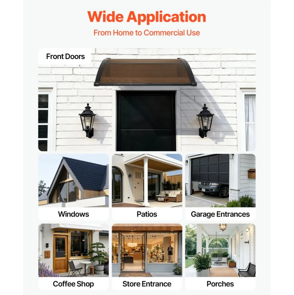 VEVOR Awnings for Door Entrance, 38 x 40 in, Exterior Front Door Window Awnings with Drainage & ABS Bracket, Rain Snow Sun Protection, Overhang Polycarbonate Door Canopy for Porch Patio, Brown