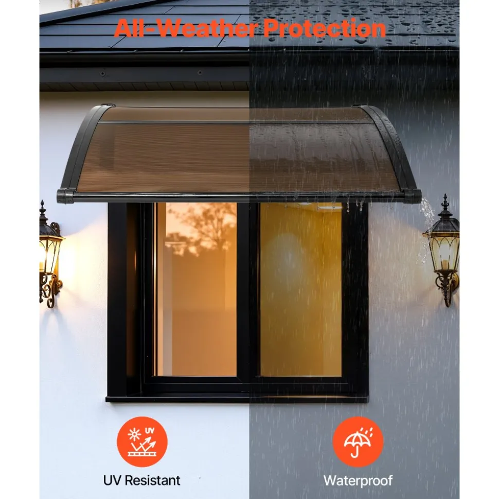 VEVOR Awnings for Door Entrance, 38 x 40 in, Exterior Front Door Window Awnings with Drainage & ABS Bracket, Rain Snow Sun Protection, Overhang Polycarbonate Door Canopy for Porch Patio, Brown