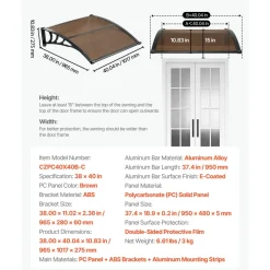 VEVOR Awnings for Door Entrance, 38 x 40 in, Exterior Front Door Window Awnings with Drainage & ABS Bracket, Rain Snow Sun Protection, Overhang Polycarbonate Door Canopy for Porch Patio, Brown
