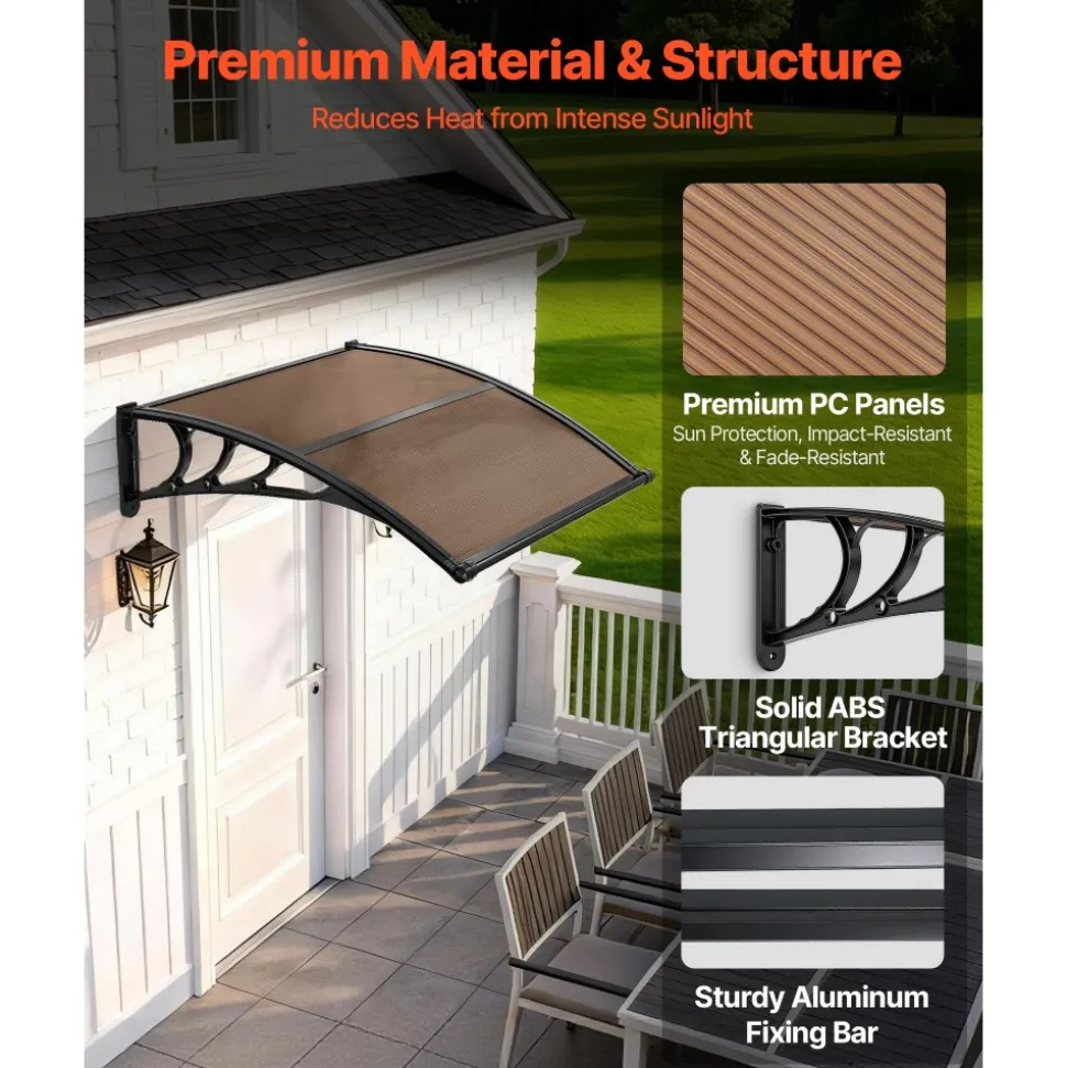 VEVOR Awnings for Door Entrance, 38 x 40 in, Exterior Front Door Window Awnings with Drainage & ABS Bracket, Rain Snow Sun Protection, Overhang Polycarbonate Door Canopy for Porch Patio, Brown