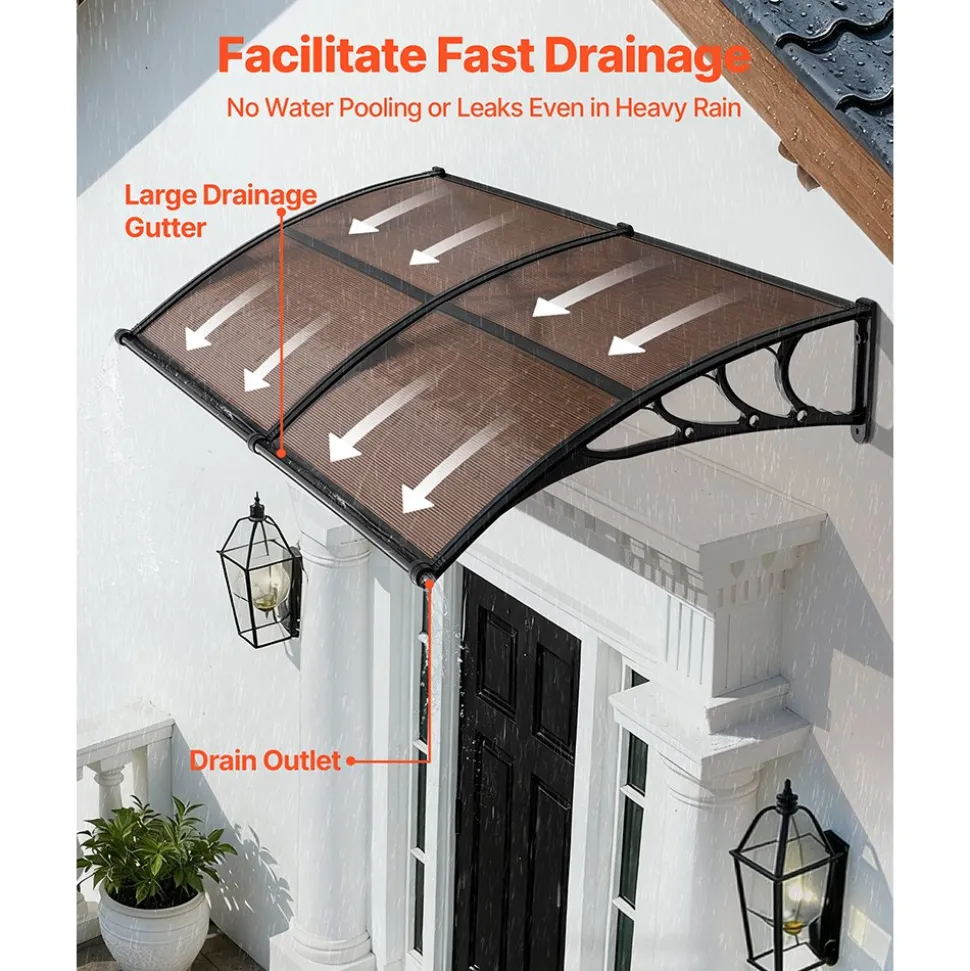 VEVOR Awnings for Door Entrance, 38 x 78 in, Exterior Front Door Window Awnings with Drainage & Metal Bracket, Rain Snow Sun Protection, Overhang Polycarbonate Door Canopy for Porch Patio, Brown
