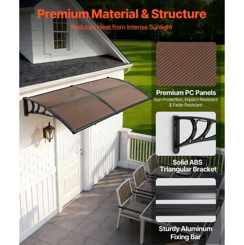 VEVOR Awnings for Door Entrance, 38 x 78 in, Exterior Front Door Window Awnings with Drainage & Metal Bracket, Rain Snow Sun Protection, Overhang Polycarbonate Door Canopy for Porch Patio, Brown