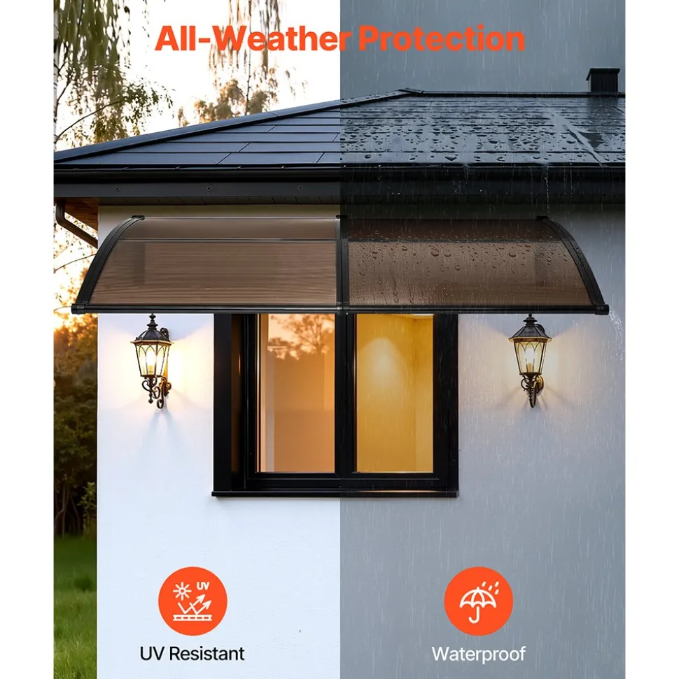 VEVOR Awnings for Door Entrance, 38 x 78 in, Exterior Front Door Window Awnings with Drainage & Metal Bracket, Rain Snow Sun Protection, Overhang Polycarbonate Door Canopy for Porch Patio, Brown