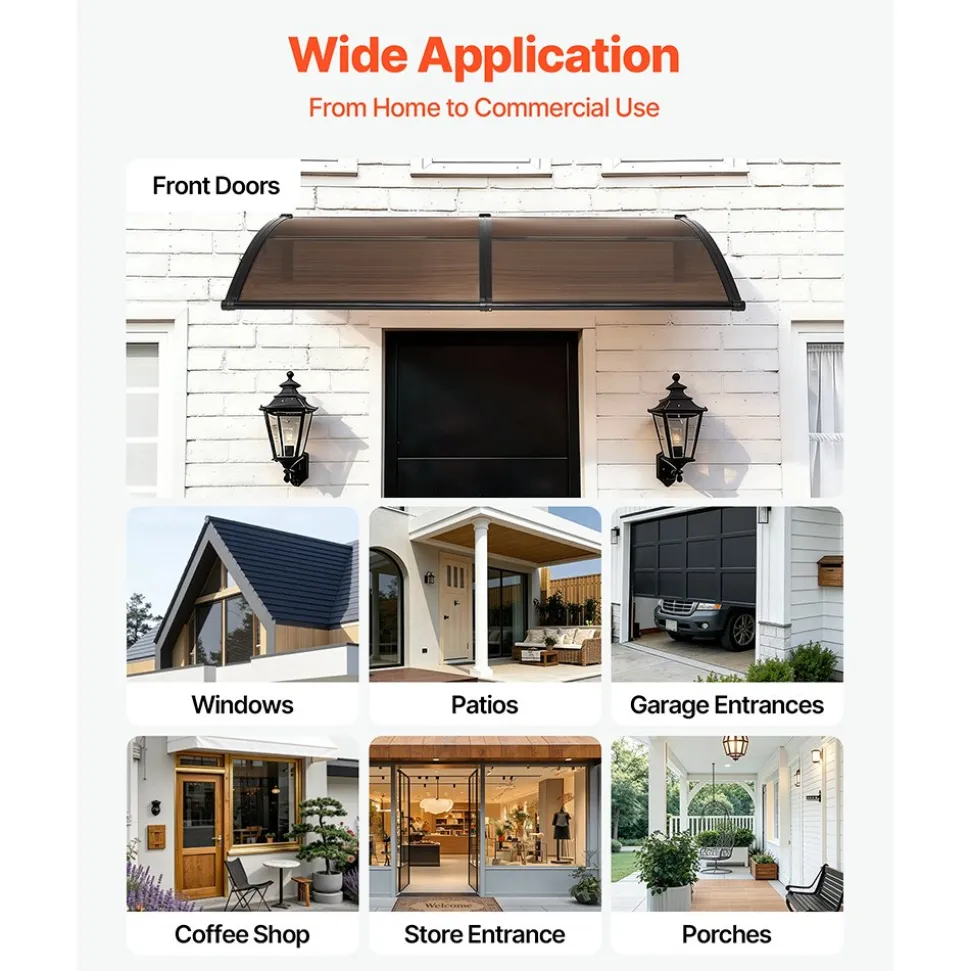 VEVOR Awnings for Door Entrance, 38 x 78 in, Exterior Front Door Window Awnings with Drainage & Metal Bracket, Rain Snow Sun Protection, Overhang Polycarbonate Door Canopy for Porch Patio, Brown