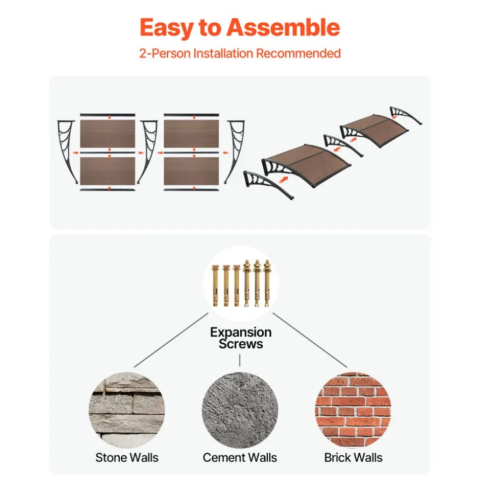 VEVOR Awnings for Door Entrance, 38 x 78 in, Exterior Front Door Window Awnings with Drainage & Metal Bracket, Rain Snow Sun Protection, Overhang Polycarbonate Door Canopy for Porch Patio, Brown