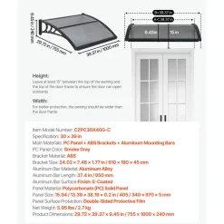 VEVOR Awnings for Door Entrance, 38 x 78 in, Exterior Front Door Window Awnings with Drainage & ABS Bracket, Rain Snow Sun Protection, Overhang Polycarbonate Door Canopy for Porch Patio, Smoky Gray