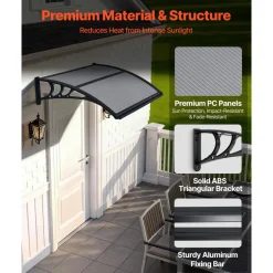 VEVOR Awnings for Door Entrance, 38 x 78 in, Exterior Front Door Window Awnings with Drainage & ABS Bracket, Rain Snow Sun Protection, Overhang Polycarbonate Door Canopy for Porch Patio, Smoky Gray