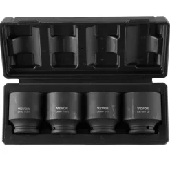 VEVOR Axle Nut Impact Socket Set, 1/2" Drive 6-Point 4-Piece SAE Spindle Nut Socket Set, CR-MO Heat Treated Large Socket Set with Storage Case, for Auto Repair, Removing or Installing Axle Nuts