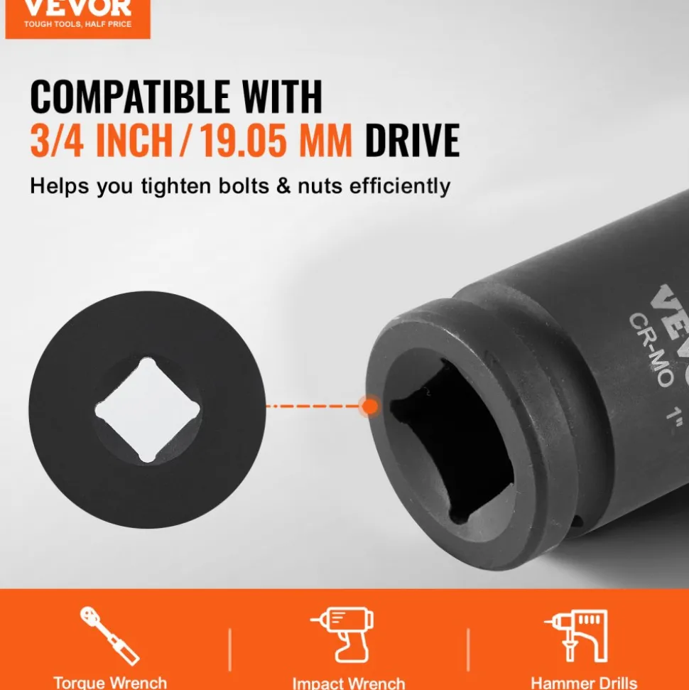 VEVOR Axle Nut Impact Socket Set, 3/4" Drive Deep 6-Point 8-Piece SAE Spindle Nut Socket Set, CR-MO Heat Treated Large Socket Set with Storage Case, for Auto Repair, Removing or Installing Axle Nuts