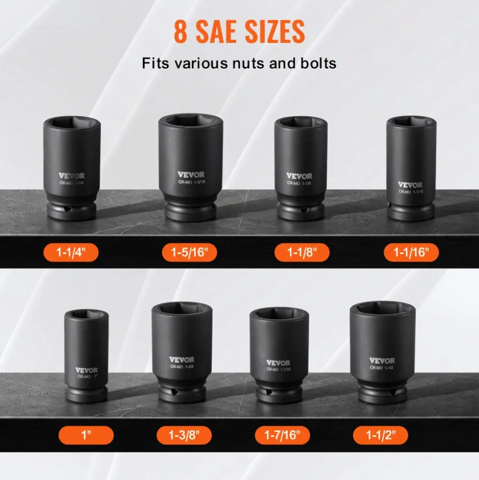 VEVOR Axle Nut Impact Socket Set, 3/4" Drive Deep 6-Point 8-Piece SAE Spindle Nut Socket Set, CR-MO Heat Treated Large Socket Set with Storage Case, for Auto Repair, Removing or Installing Axle Nuts