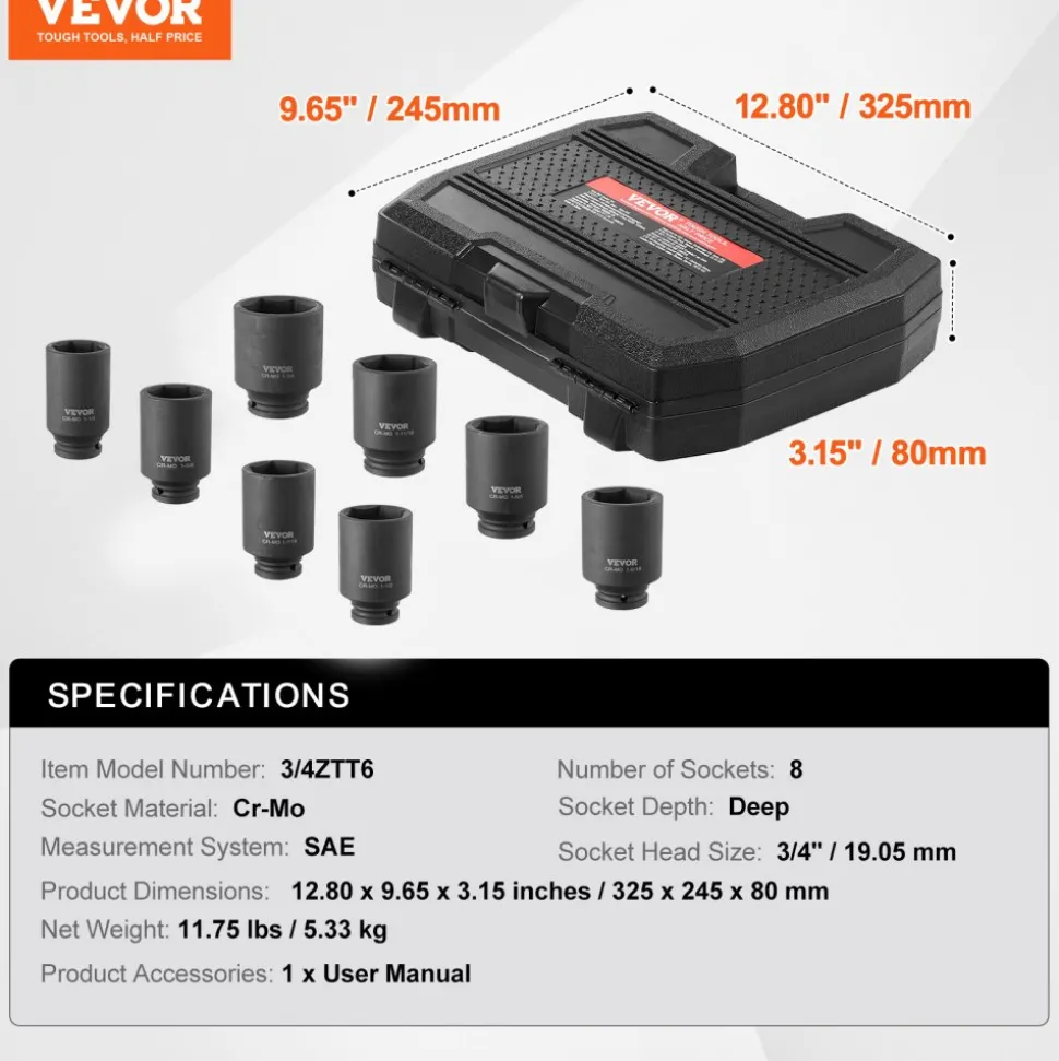 VEVOR Axle Nut Impact Socket Set, 3/4" Drive Deep 6-Point 8-Piece SAE Spindle Nut Socket Set, CR-MO Heat Treated Large Socket Set with Storage Case, for Auto Repair, Removing or Installing Axle Nuts