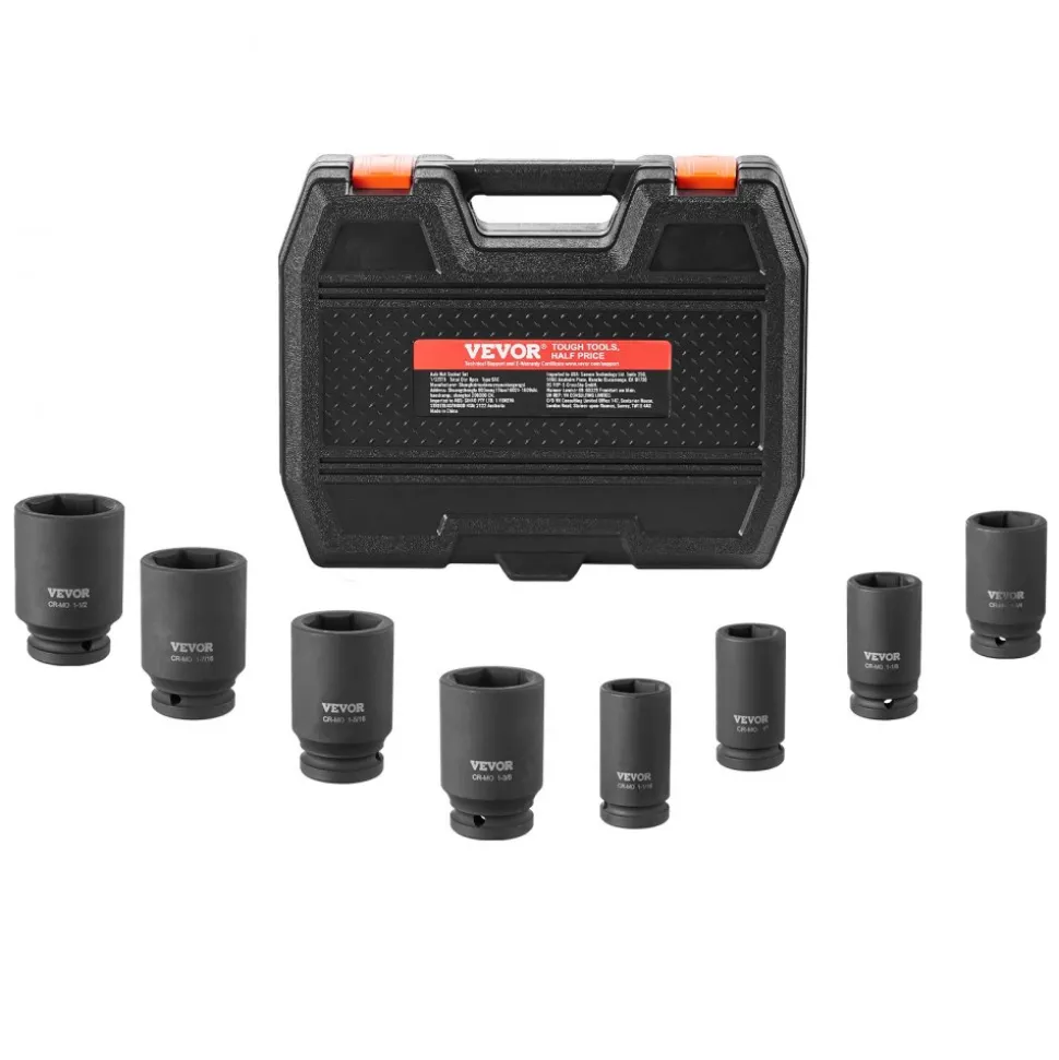 VEVOR Axle Nut Impact Socket Set, 3/4" Drive Deep 6-Point 8-Piece SAE Spindle Nut Socket Set, CR-MO Heat Treated Large Socket Set with Storage Case, for Auto Repair, Removing or Installing Axle Nuts