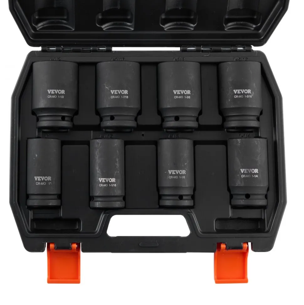 VEVOR Axle Nut Impact Socket Set, 3/4" Drive Deep 6-Point 8-Piece SAE Spindle Nut Socket Set, CR-MO Heat Treated Large Socket Set with Storage Case, for Auto Repair, Removing or Installing Axle Nuts