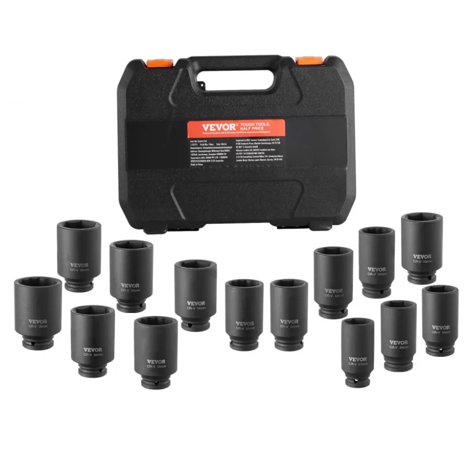 VEVOR Axle Nut Impact Socket Set, 1/2" Drive Deep 6+12-Point 14-Piece Metric Spindle Nut Socket Set, CR-V Heat Treated Large Socket Set with Storage Case, Auto Repair, Removing or Installing Axle Nuts