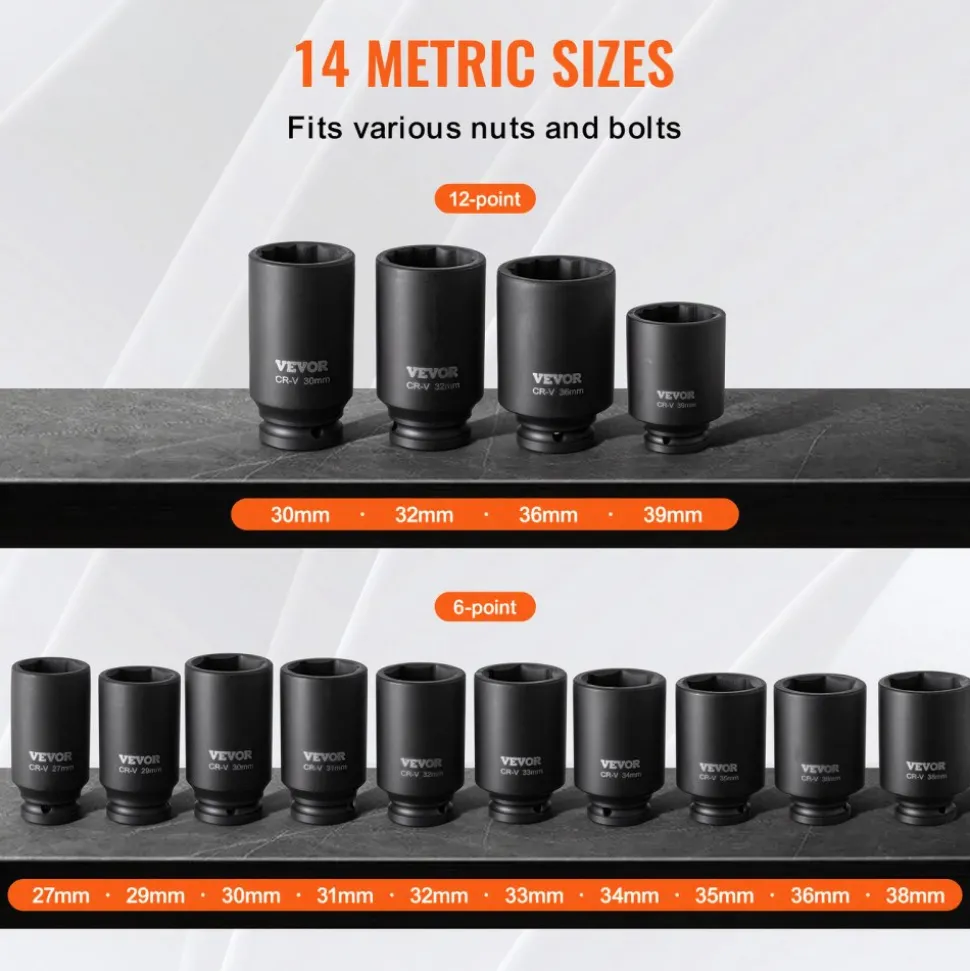 VEVOR Axle Nut Impact Socket Set, 1/2" Drive Deep 6+12-Point 14-Piece Metric Spindle Nut Socket Set, CR-V Heat Treated Large Socket Set with Storage Case, Auto Repair, Removing or Installing Axle Nuts