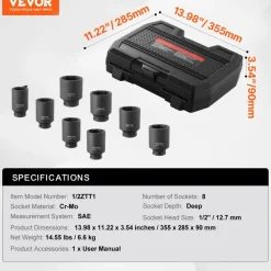 VEVOR Axle Nut Impact Socket Set, 1/2" Drive Deep 6-Point 8-Piece SAE Spindle Nut Socket Set, CR-MO Heat Treated Large Socket Set with Storage Case, for Auto Repair, Removing or Installing Axle Nuts