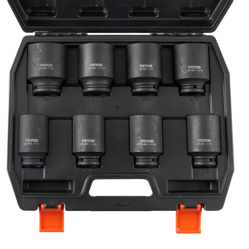 VEVOR Axle Nut Impact Socket Set, 1/2" Drive Deep 6-Point 8-Piece SAE Spindle Nut Socket Set, CR-MO Heat Treated Large Socket Set with Storage Case, for Auto Repair, Removing or Installing Axle Nuts