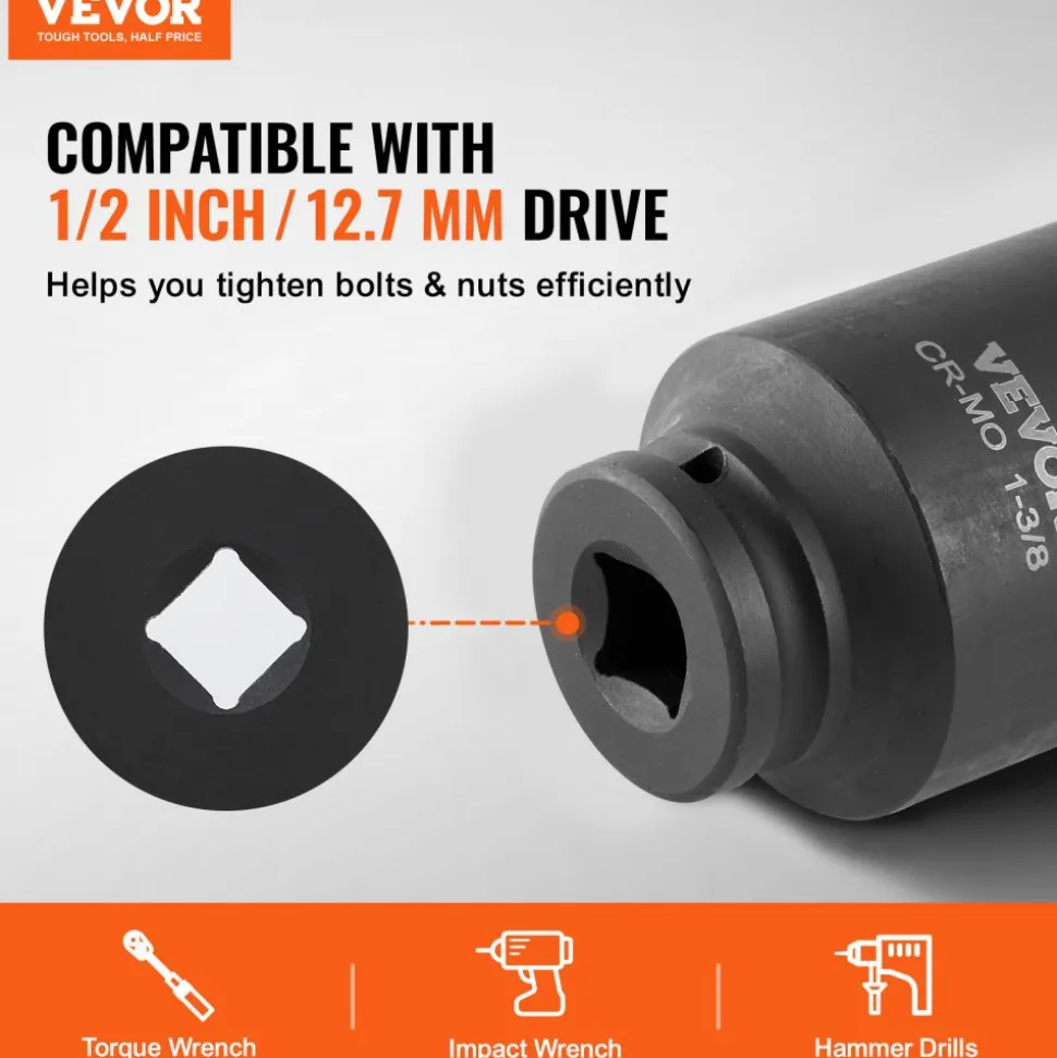 VEVOR Axle Nut Impact Socket Set, 1/2" Drive Deep 6-Point 8-Piece SAE Spindle Nut Socket Set, CR-MO Heat Treated Large Socket Set with Storage Case, for Auto Repair, Removing or Installing Axle Nuts