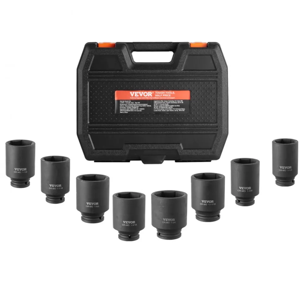 VEVOR Axle Nut Impact Socket Set, 1/2" Drive Deep 6-Point 8-Piece SAE Spindle Nut Socket Set, CR-MO Heat Treated Large Socket Set with Storage Case, for Auto Repair, Removing or Installing Axle Nuts