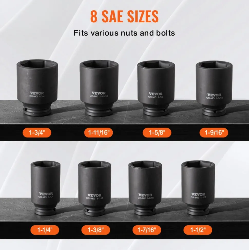 VEVOR Axle Nut Impact Socket Set, 1/2" Drive Deep 6-Point 8-Piece SAE Spindle Nut Socket Set, CR-MO Heat Treated Large Socket Set with Storage Case, for Auto Repair, Removing or Installing Axle Nuts