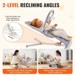 VEVOR Baby Bouncer, Folding Bouncer Seat for Babies 0-9 Months, Newborn Bouncer Chair with 2 Reclining Angles & Rotatable Toy Bar, Portable Infant Rocker with Travel Bag for Indoor Outdoor, Light Gray