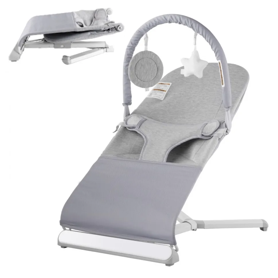 VEVOR Baby Bouncer, Folding Bouncer Seat for Babies 0-9 Months, Newborn Bouncer Chair with 2 Reclining Angles & Rotatable Toy Bar, Portable Infant Rocker with Travel Bag for Indoor Outdoor, Light Gray