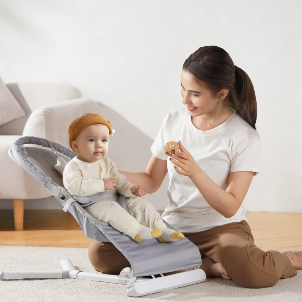 VEVOR Baby Bouncer, Folding Bouncer Seat for Babies 0-9 Months, Newborn Bouncer Chair with 2 Reclining Angles & Rotatable Toy Bar, Portable Infant Rocker with Travel Bag for Indoor Outdoor, Light Gray