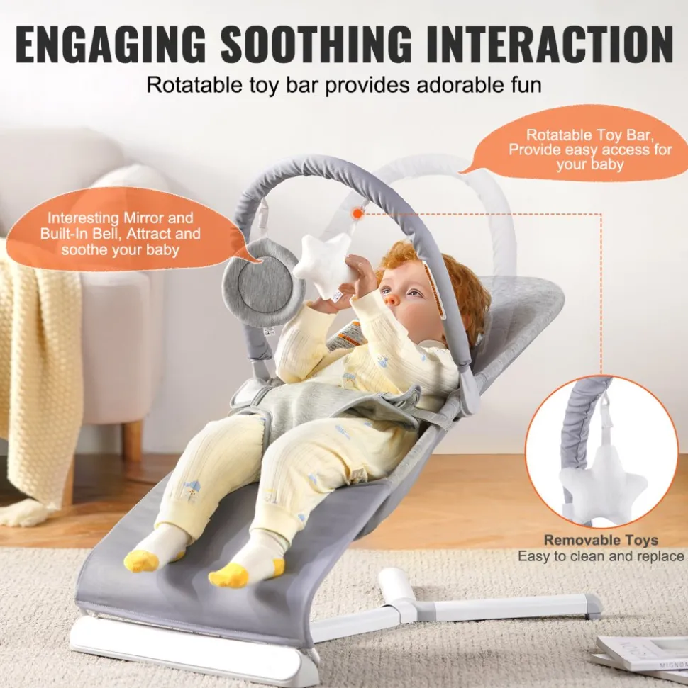 VEVOR Baby Bouncer, Folding Bouncer Seat for Babies 0-9 Months, Newborn Bouncer Chair with 2 Reclining Angles & Rotatable Toy Bar, Portable Infant Rocker with Travel Bag for Indoor Outdoor, Light Gray