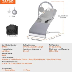VEVOR Baby Bouncer, Folding Bouncer Seat for Babies 0-9 Months, Newborn Bouncer Chair with 2 Reclining Angles & Rotatable Toy Bar, Portable Infant Rocker with Travel Bag for Indoor Outdoor, Light Gray