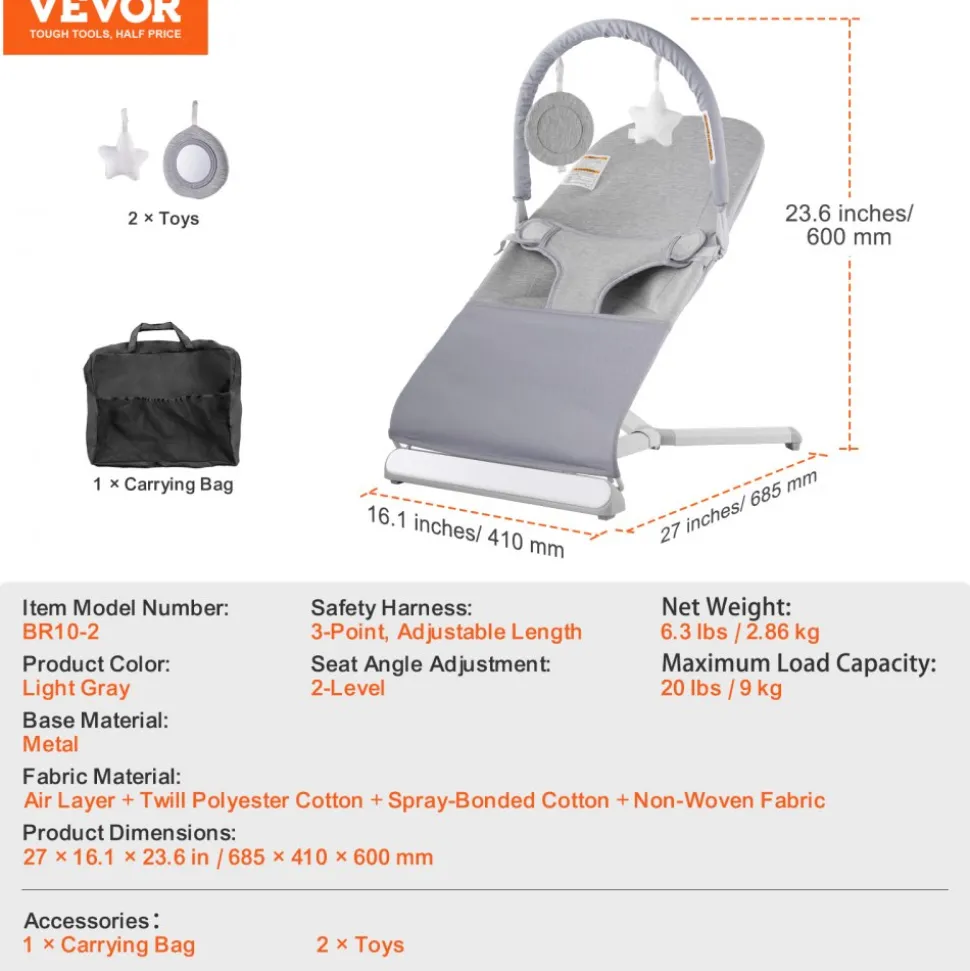 VEVOR Baby Bouncer, Folding Bouncer Seat for Babies 0-9 Months, Newborn Bouncer Chair with 2 Reclining Angles & Rotatable Toy Bar, Portable Infant Rocker with Travel Bag for Indoor Outdoor, Light Gray