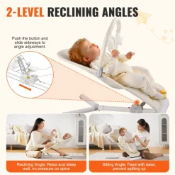 VEVOR Baby Bouncer, Folding Bouncer Seat for Babies 0-9 Months, Newborn Bouncer Chair with 2 Reclining Angles & Rotatable Toy Bar, Portable Infant Rocker with Carrying Bag for Indoors Outdoors, Beige