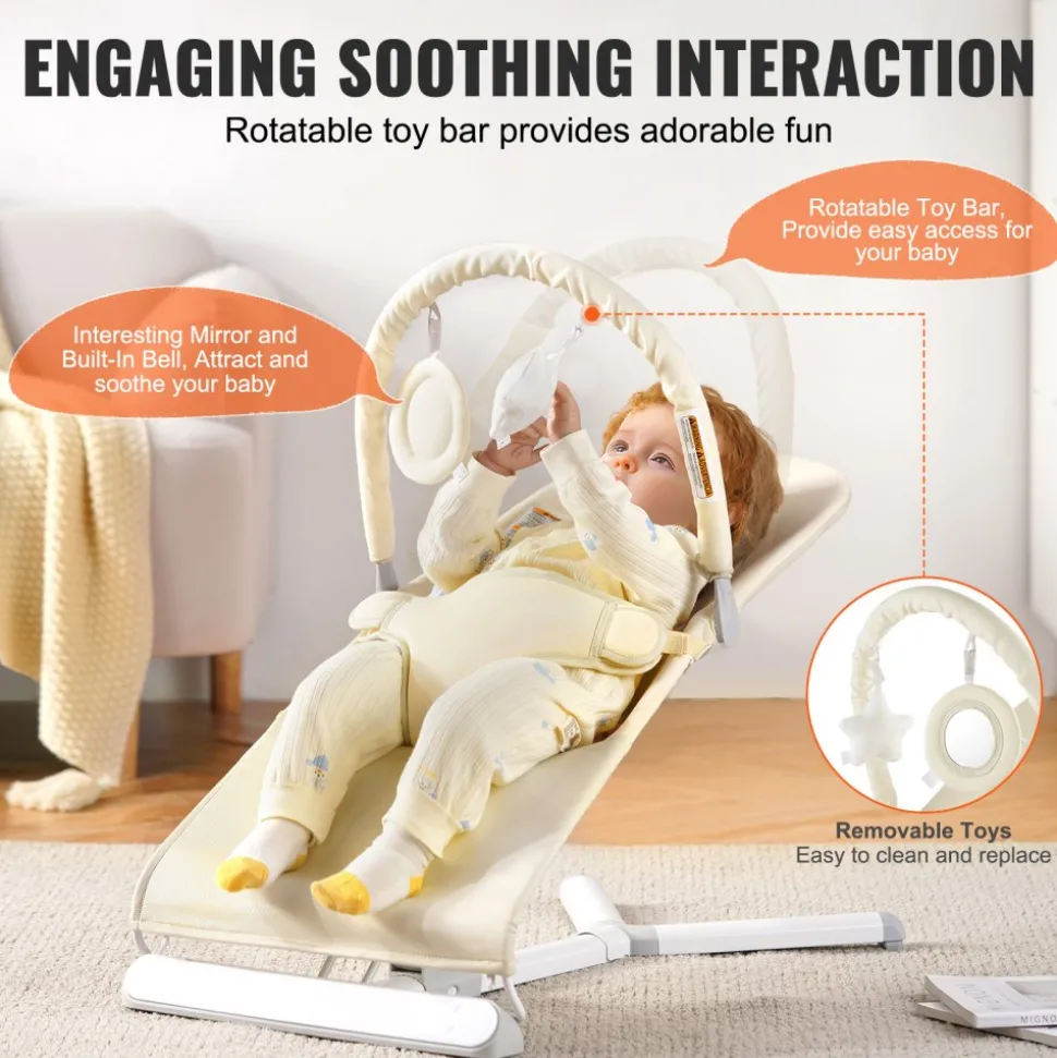 VEVOR Baby Bouncer, Folding Bouncer Seat for Babies 0-9 Months, Newborn Bouncer Chair with 2 Reclining Angles & Rotatable Toy Bar, Portable Infant Rocker with Carrying Bag for Indoors Outdoors, Beige