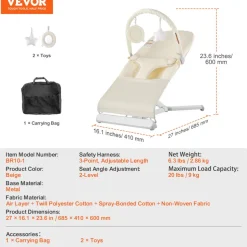 VEVOR Baby Bouncer, Folding Bouncer Seat for Babies 0-9 Months, Newborn Bouncer Chair with 2 Reclining Angles & Rotatable Toy Bar, Portable Infant Rocker with Carrying Bag for Indoors Outdoors, Beige