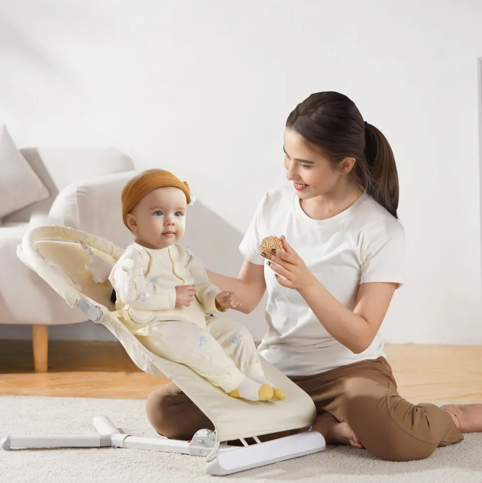VEVOR Baby Bouncer, Folding Bouncer Seat for Babies 0-9 Months, Newborn Bouncer Chair with 2 Reclining Angles & Rotatable Toy Bar, Portable Infant Rocker with Carrying Bag for Indoors Outdoors, Beige