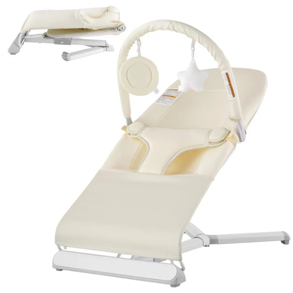 VEVOR Baby Bouncer, Folding Bouncer Seat for Babies 0-9 Months, Newborn Bouncer Chair with 2 Reclining Angles & Rotatable Toy Bar, Portable Infant Rocker with Carrying Bag for Indoors Outdoors, Beige
