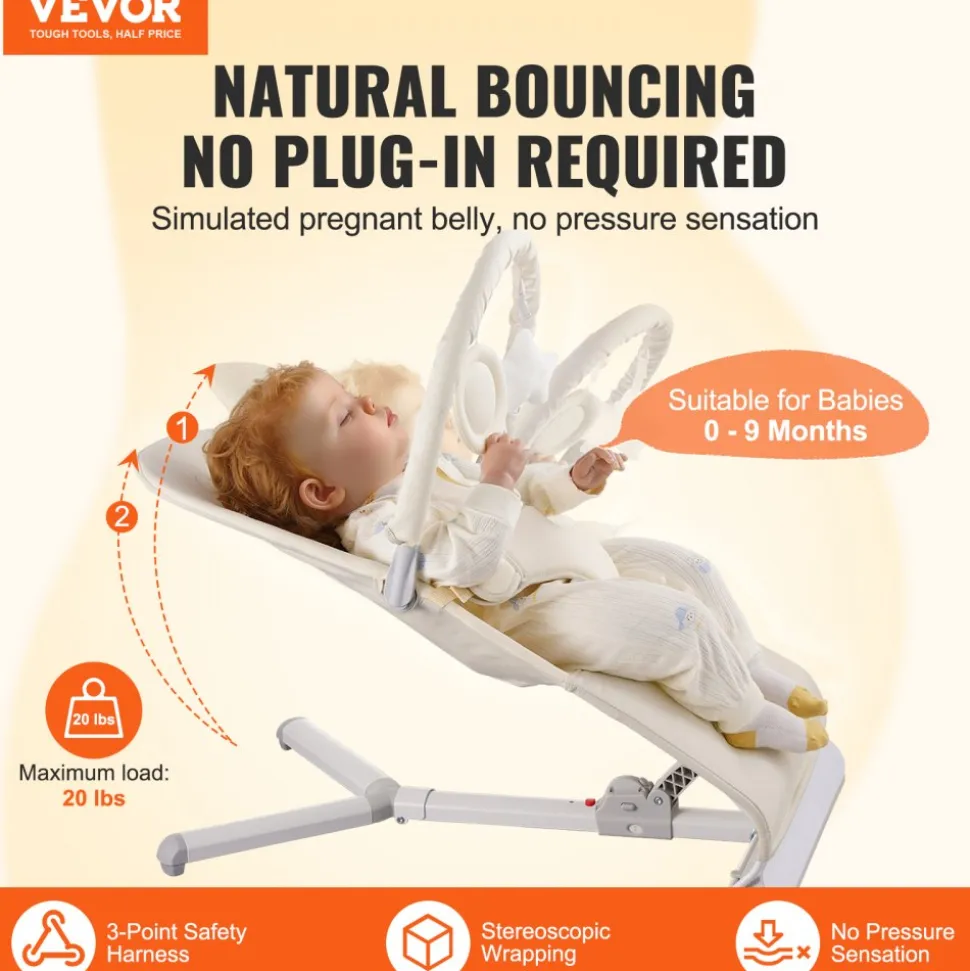 VEVOR Baby Bouncer, Folding Bouncer Seat for Babies 0-9 Months, Newborn Bouncer Chair with 2 Reclining Angles & Rotatable Toy Bar, Portable Infant Rocker with Carrying Bag for Indoors Outdoors, Beige