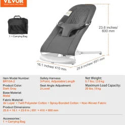 VEVOR Baby Bouncer, Folding Bouncer Seat for Babies 0-9 Months, Newborn Bouncer Chair with 2 Reclining Angles & 3-Point Harness, Portable Infant Rocker with Carrying Bag for Indoor Outdoor, Dark Gray