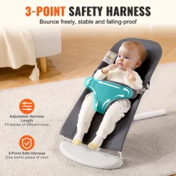VEVOR Baby Bouncer, Folding Bouncer Seat for Babies 0-9 Months, Newborn Bouncer Chair with 2 Reclining Angles & 3-Point Harness, Portable Infant Rocker with Carrying Bag for Indoor Outdoor, Dark Gray