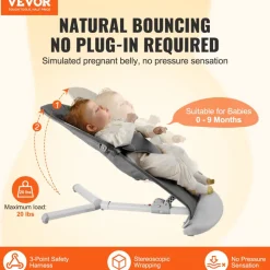 VEVOR Baby Bouncer, Folding Bouncer Seat for Babies 0-9 Months, Newborn Bouncer Chair with 2 Reclining Angles & 3-Point Harness, Portable Infant Rocker with Carrying Bag for Indoor Outdoor, Dark Gray
