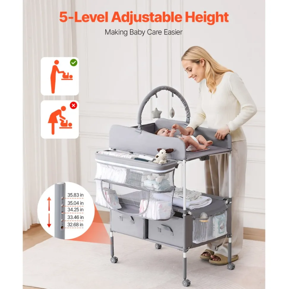 VEVOR Baby Changing Table, Foldable Diaper Change Station with 2 Fabric Drawers, Side Basket & Hanging Rod, Adjustable Height Portable Changing Table with Lockable Wheels & 2 Star Toys, Light Gray