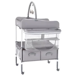 VEVOR Baby Changing Table, Foldable Diaper Change Station with 2 Fabric Drawers, Side Basket & Hanging Rod, Adjustable Height Portable Changing Table with Lockable Wheels & 2 Star Toys, Light Gray