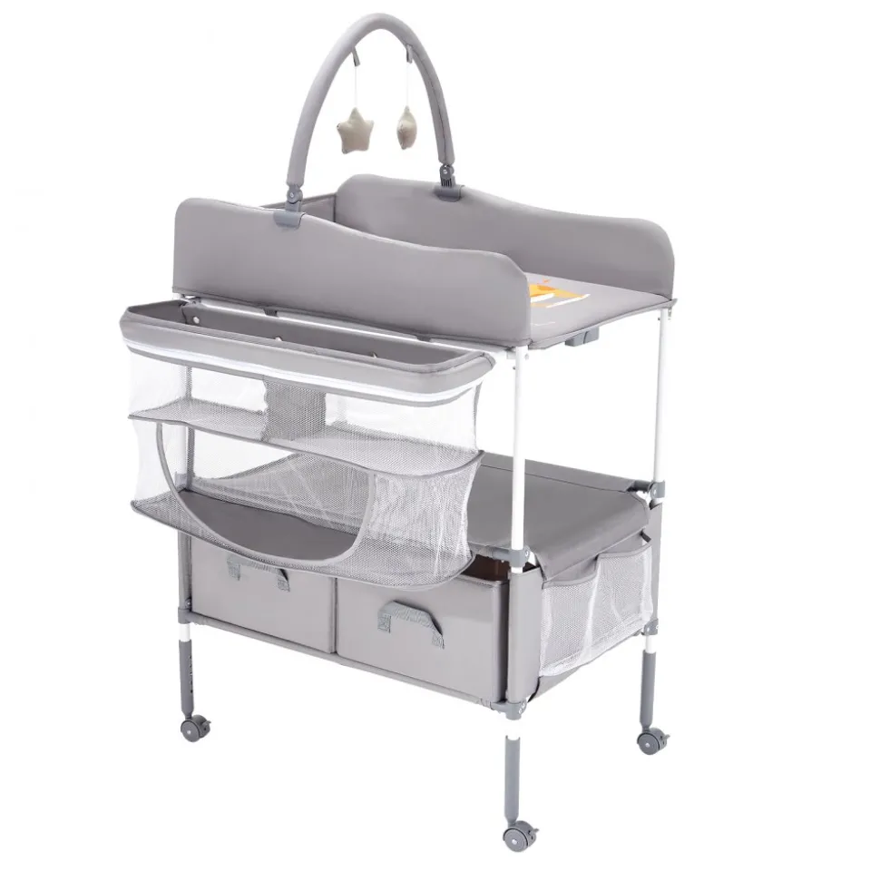 VEVOR Baby Changing Table, Foldable Diaper Change Station with 2 Fabric Drawers, Side Basket & Hanging Rod, Adjustable Height Portable Changing Table with Lockable Wheels & 2 Star Toys, Light Gray