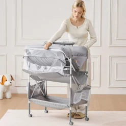 VEVOR Baby Changing Table, Foldable Diaper Change Station with 2 Fabric Drawers, Side Basket & Hanging Rod, Adjustable Height Portable Changing Table with Lockable Wheels & 2 Star Toys, Light Gray