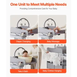 VEVOR Baby Changing Table, Foldable Diaper Change Station with 2 Fabric Drawers, Side Basket & Hanging Rod, Adjustable Height Portable Changing Table with Lockable Wheels & 2 Star Toys, Light Gray
