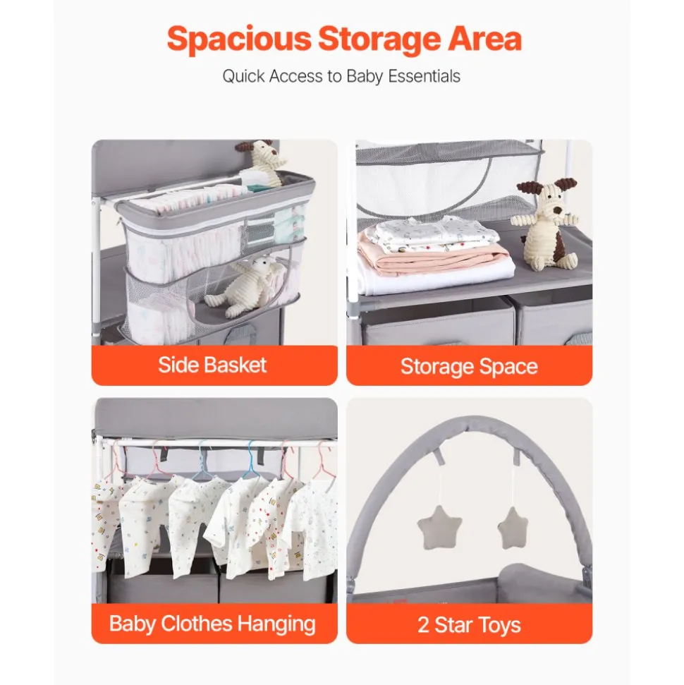 VEVOR Baby Changing Table, Foldable Diaper Change Station with 2 Fabric Drawers, Side Basket & Hanging Rod, Adjustable Height Portable Changing Table with Lockable Wheels & 2 Star Toys, Light Gray